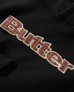 Zip-Thru Hoods|Pullover Hoods>Butter Goods Plaid Logo Applique Pullover Hood, Black